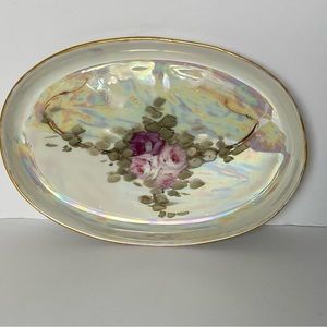 Trinket Dish Austria MZ Hand Painted Pink Roses Gold Oval 1003 EUC Iridescent